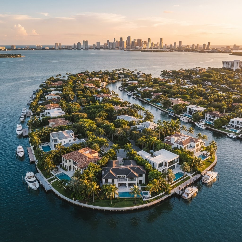 Palmiye ağaçlarıyla çevrili varlıklı bir Miami mahallesinin gün batımında havadan görünümü