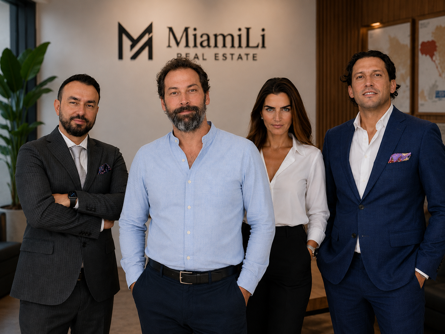 MiamiLi Real Estate ekibi, ofiste MiamiLi logosunun önünde